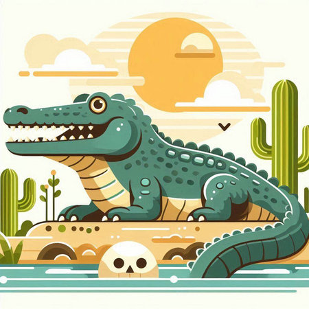 Crocodile on the background of cactuses. Vector illustrationのイラスト素材