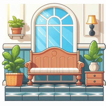 Illustration of a bench in a living room with windows and plantsのイラスト素材