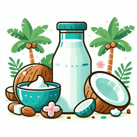 Vector illustration of coconut milk in a glass bottle, coconut flakes and palm trees.のイラスト素材