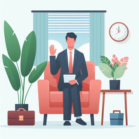 Businessman sitting in armchair and waving hand. Vector illustration in flat styleのイラスト素材