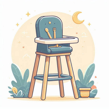 Vector illustration of baby chair in cartoon style with crescent moon and plant.のイラスト素材