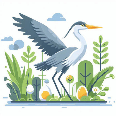 Vector illustration of a gray heron on the background of the pond.のイラスト素材