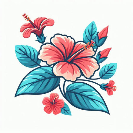 Hibiscus flower with leaves. Hand drawn vector illustration.のイラスト素材