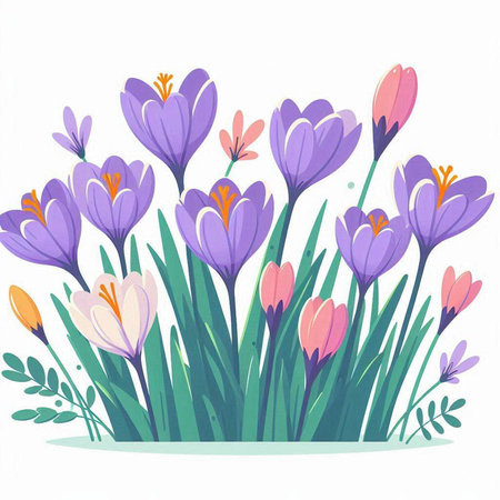 Beautiful spring crocus flowers in the garden. Vector illustration.のイラスト素材