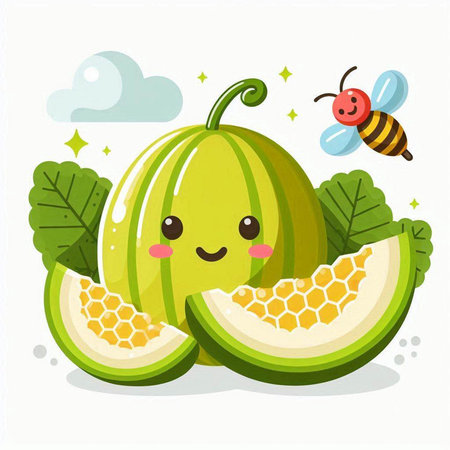 Cute cartoon watermelon character with honey bee. Vector illustration.のイラスト素材