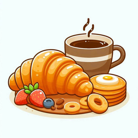 Coffee, croissant and strawberry. Vector illustration.のイラスト素材