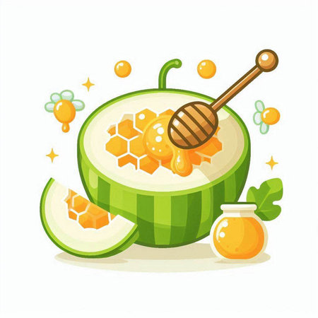 Melon and honey. Healthy food. Vector illustration in cartoon styleのイラスト素材