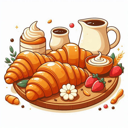 Breakfast with croissants, coffee and cream. Vector illustration.のイラスト素材