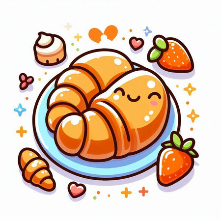 Cute cartoon croissant with strawberry on plate. Vector illustration.のイラスト素材