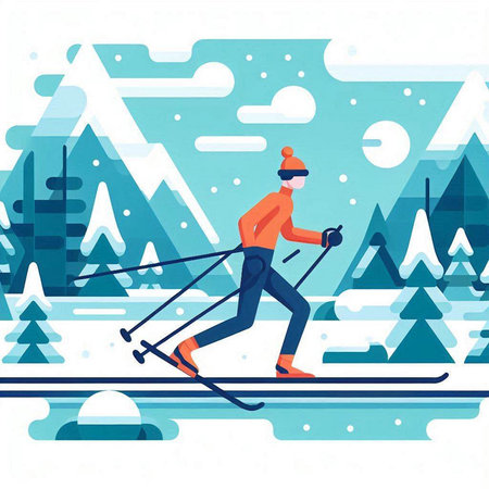 Man skiing in the mountains. Winter sport. Flat vector illustration.のイラスト素材