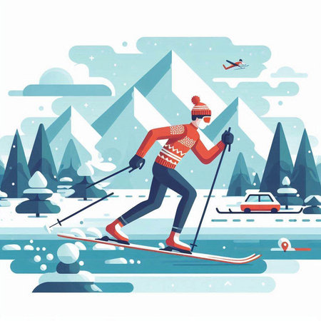 Winter sports. Skier skiing in the mountains. Vector illustration.のイラスト素材