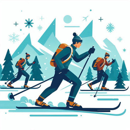 People skiing in the mountains. Winter sports. Vector illustration in retro style.のイラスト素材