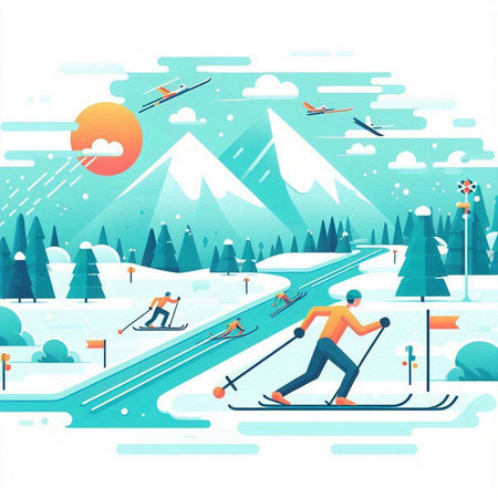 Winter sports. Skier skiing in mountains. Flat vector illustration.のイラスト素材