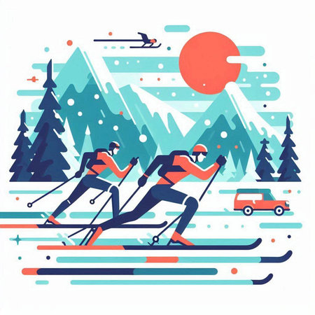 Cross-country skiing in the mountains. Vector illustration in flat styleのイラスト素材