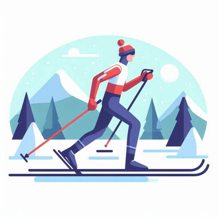 Skiing flat vector illustration. Man skiing on snow in mountains.のイラスト素材