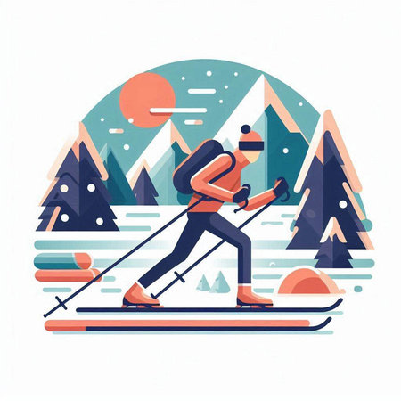 Skier in mountains. Winter sports. Vector illustration in flat styleのイラスト素材