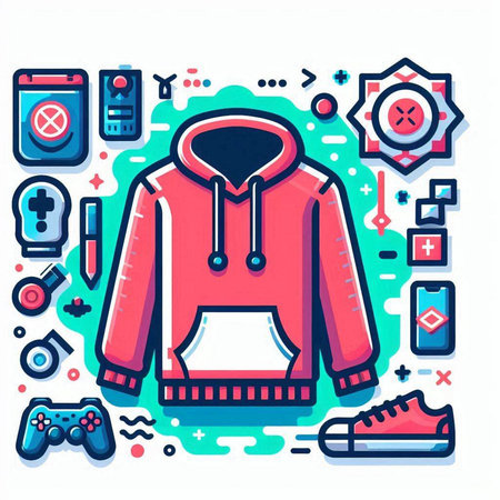 Hoodie and fashion accessories. Vector illustration in line art styleのイラスト素材