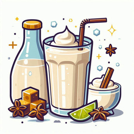 Illustration of a glass of milk and a bottle with cinnamon and aniseのイラスト素材