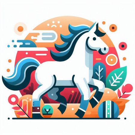 Vector illustration of a white horse on an abstract background. Flat style.のイラスト素材