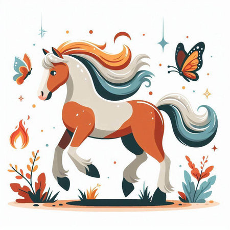 Horse in the forest with butterflies. Vector illustration of a horse.のイラスト素材