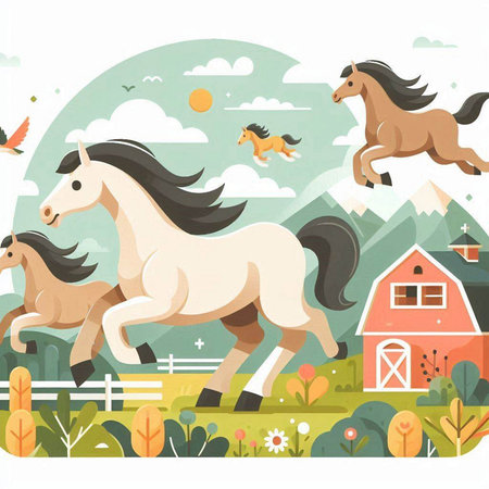 Horses in the countryside. Vector illustration in a flat style.のイラスト素材