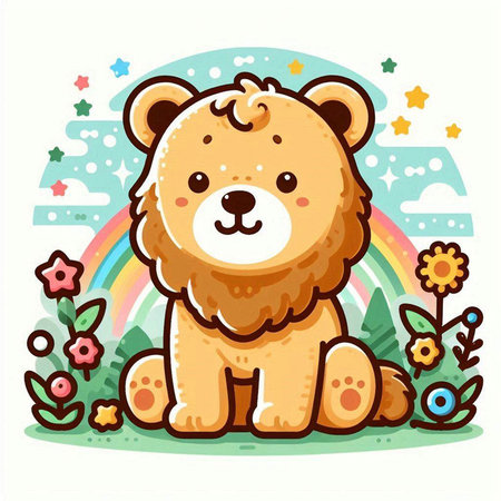 Cute cartoon bear sitting on the grass with flowers and rainbow.のイラスト素材