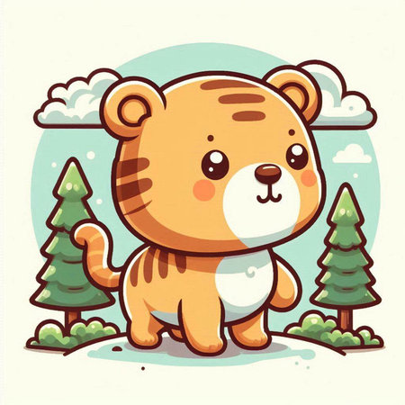 Cute cartoon tiger with tree and sky background. Vector illustration.のイラスト素材