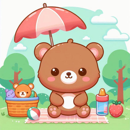 cute cartoon bear sitting on a blanket in the park and holding an umbrellaのイラスト素材