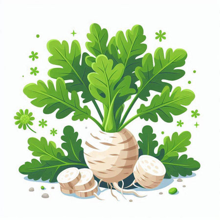 Fresh turnip with green leaves. Vector illustration isolated on white background.のイラスト素材
