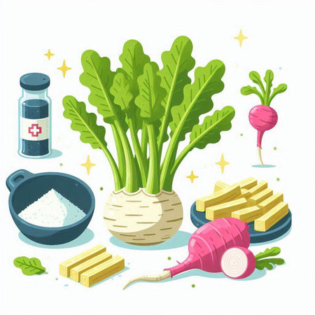 Vegetables set. Vector illustration of radish, beetroot, parsley, garlic, olive oil, salt and pepper.のイラスト素材