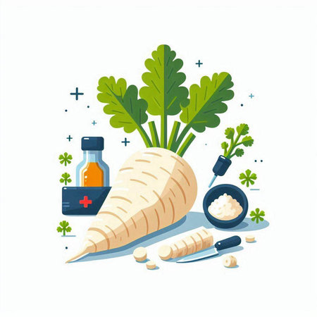 Parsnip, parsley, carrot, parsley, olive oil. Vector illustrationのイラスト素材