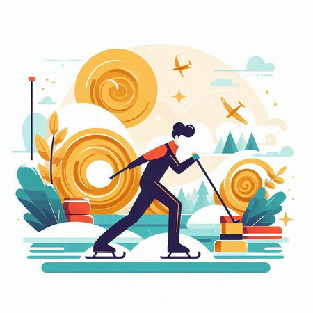 Winter sports. Woman skiing in the park. Flat vector illustration.のイラスト素材