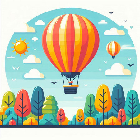 Colorful hot air balloon flying in the blue sky. Vector illustrationのイラスト素材