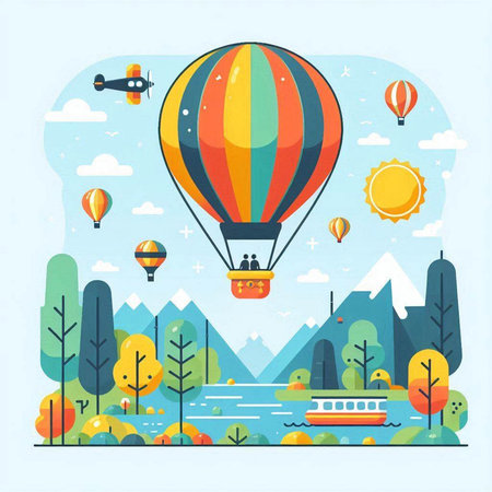 Colorful hot air balloon flying over the river. Vector illustration.のイラスト素材