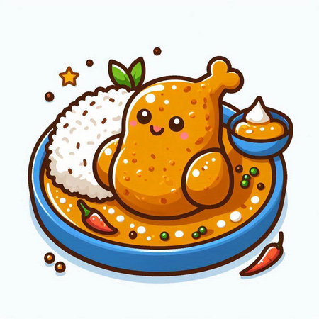 Illustration of a cartoon chicken with rice and chilli sauce.のイラスト素材