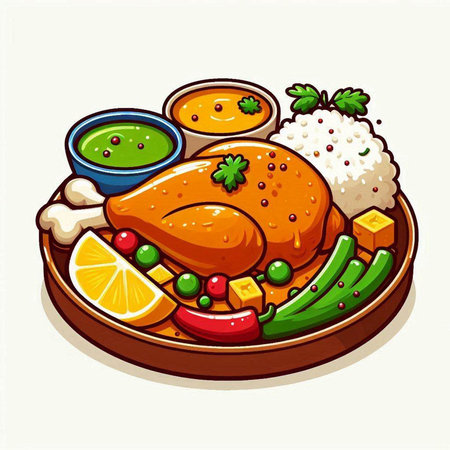 Illustration of a chicken with rice, sauce and vegetables on a plateのイラスト素材