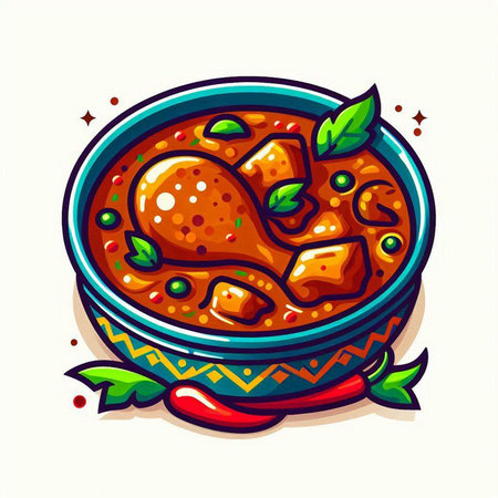 Illustration of a hot and spicy chicken curry in a bowl.のイラスト素材