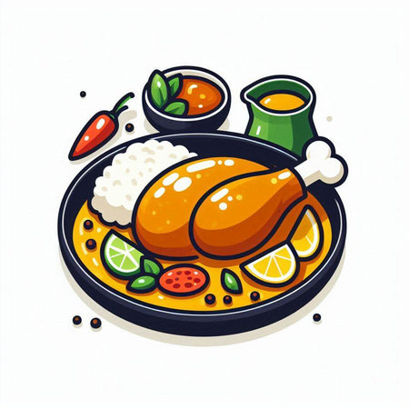 Illustration of chicken with rice and sauce on a white background.のイラスト素材