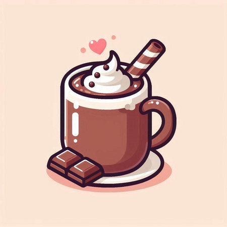 Cup of hot chocolate with whipped cream and chocolate bar. Vector illustration.のイラスト素材