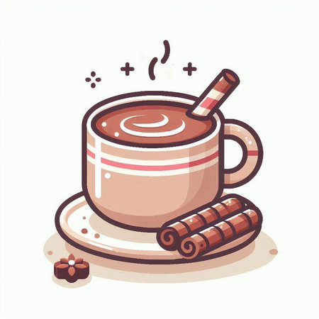 Cup of hot chocolate with marshmallows, cinnamon, star anise, chocolate candies and cocoa powder. Vector illustration.のイラスト素材