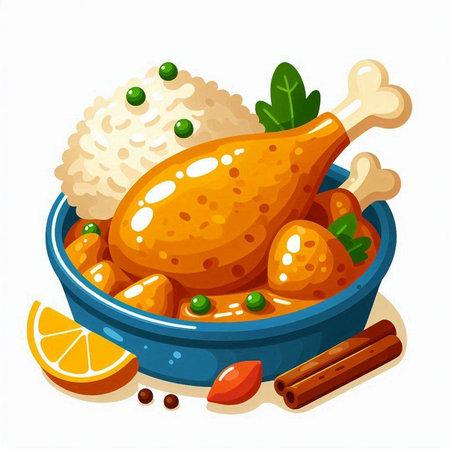 Illustration of chicken drumstick in a pan with spices and limeのイラスト素材