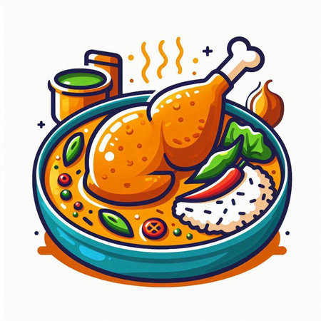 Illustration of fried chicken with rice and vegetables on white background.のイラスト素材