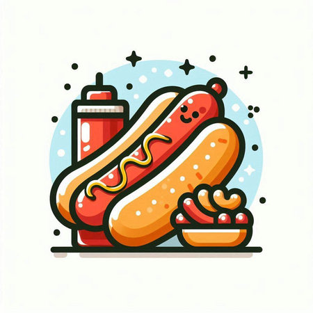 Hot dog with mustard and ketchup. Fast food icon. Vector illustrationのイラスト素材