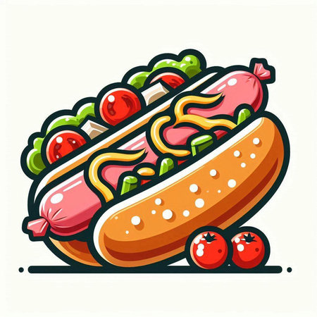 Hot dog with sausage and vegetables. Fast food. Vector illustration.のイラスト素材