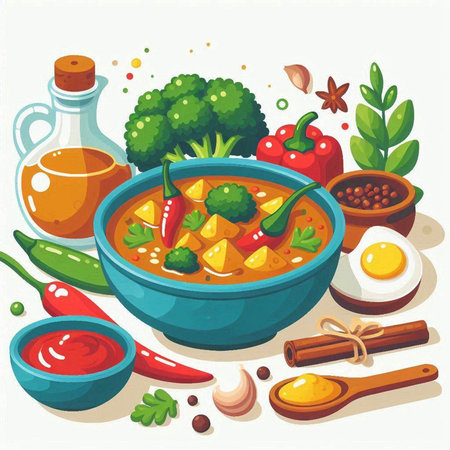 Vector illustration of Indian cuisine. Cartoon style. Vegetable dish.のイラスト素材
