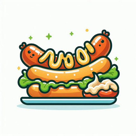 Vector illustration of a hot dog with mustard and lettuce on a white background.のイラスト素材