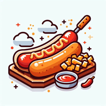 Hot dog with mustard and ketchup. Vector illustration in cartoon styleのイラスト素材