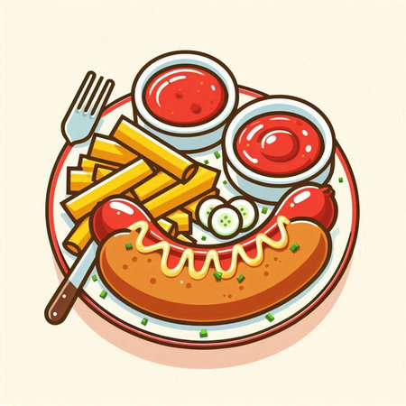 Illustration of a hot dog with ketchupnnaise and french friesのイラスト素材