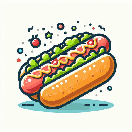 Hot dog with mustard, ketchupnnaise and mustard. Vector illustration.のイラスト素材