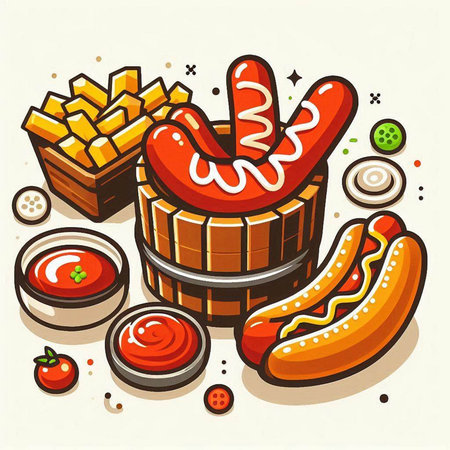Vector illustration of a set of fast food. Hot dog, french fries, ketchupnnaise, mustard.のイラスト素材
